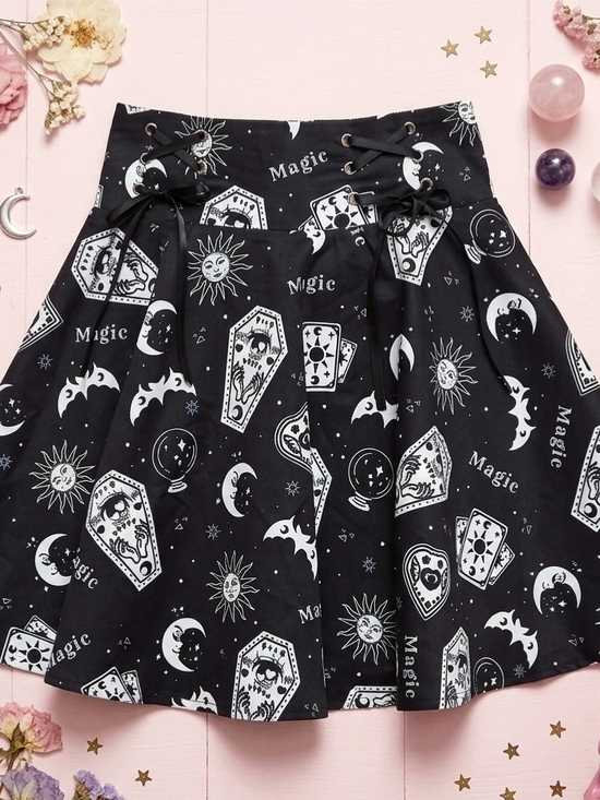 SHEIN Dresses & Skirts - Celestial Black Goth Witch Sun Moon Stars Tarot Card Ribbon Bow Flare Skirt Medi